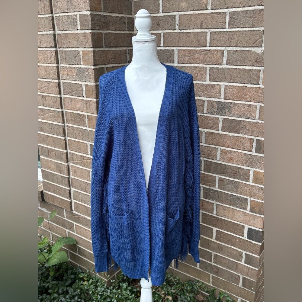 L Love Cozy Blue Open-Front Cardigan with Fringe Arms